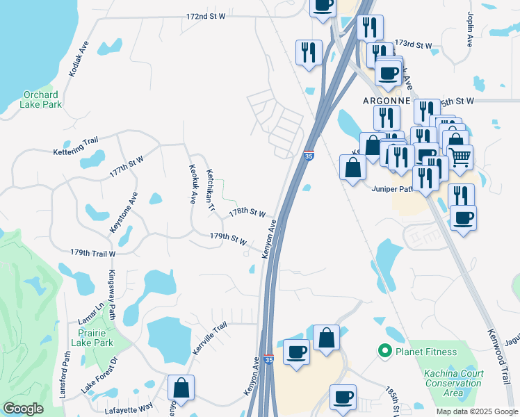 map of restaurants, bars, coffee shops, grocery stores, and more near 11323 178th Street West in Lakeville