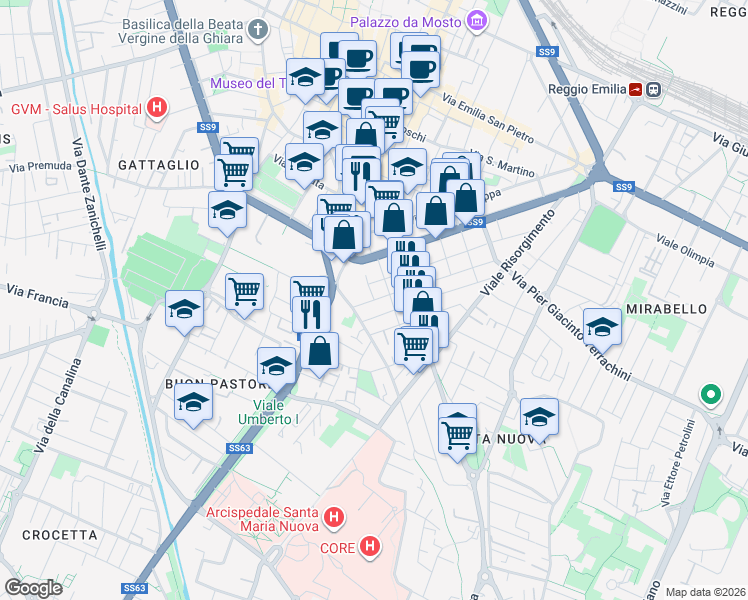 map of restaurants, bars, coffee shops, grocery stores, and more near 4 Via Taddei in Reggio Emilia