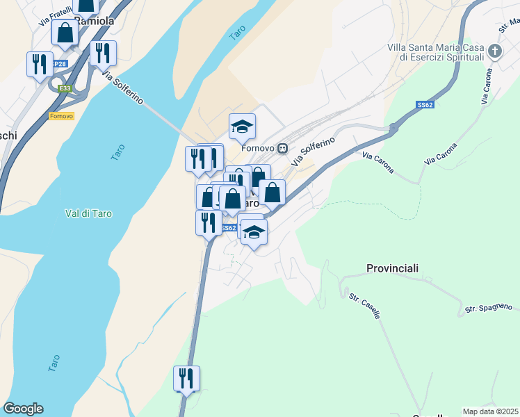 map of restaurants, bars, coffee shops, grocery stores, and more near 13 Via Giuseppe Verdi in Fornovo di Taro