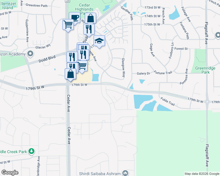 map of restaurants, bars, coffee shops, grocery stores, and more near 179th Street West in Farmington