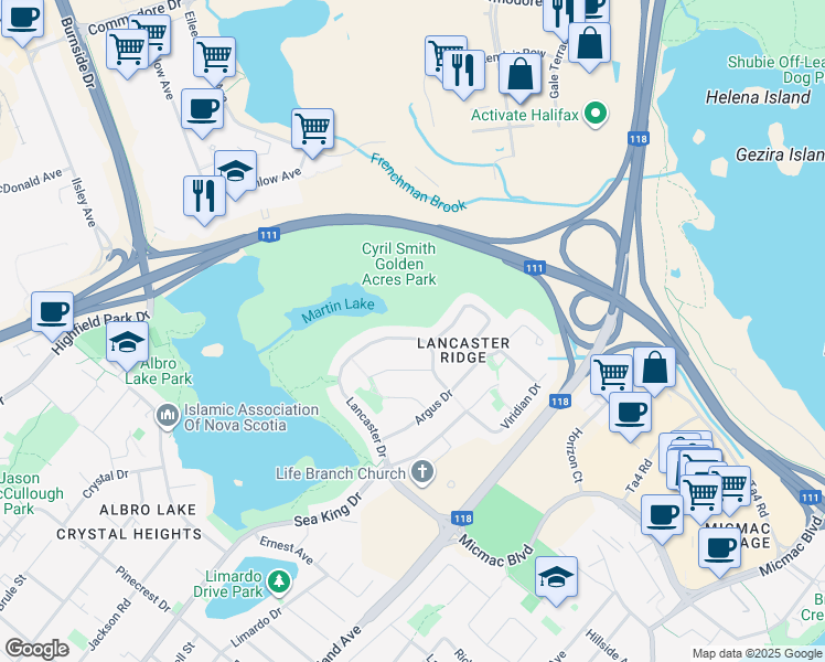 map of restaurants, bars, coffee shops, grocery stores, and more near 107 Lancaster Drive in Dartmouth