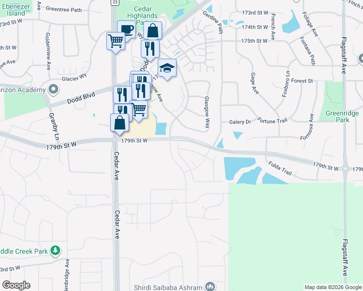 map of restaurants, bars, coffee shops, grocery stores, and more near 179th Street West in Farmington