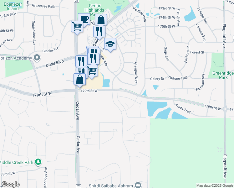 map of restaurants, bars, coffee shops, grocery stores, and more near 179th Street West in Farmington