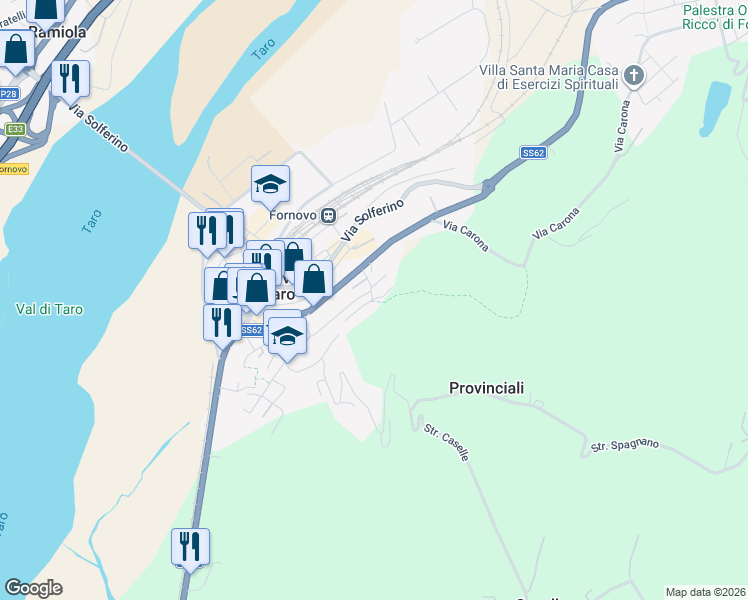 map of restaurants, bars, coffee shops, grocery stores, and more near 7 Via Partigiani D'Italia in Fornovo di Taro