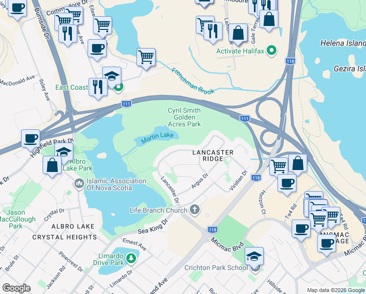 map of restaurants, bars, coffee shops, grocery stores, and more near 99A Lancaster Drive in Dartmouth