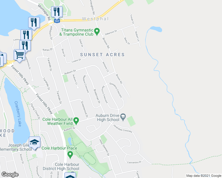map of restaurants, bars, coffee shops, grocery stores, and more near 194 Auburn Drive in Dartmouth