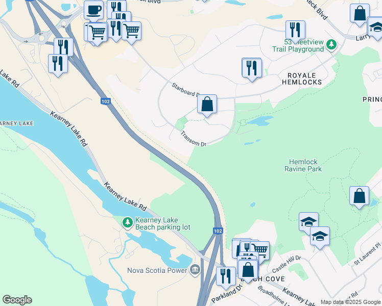 map of restaurants, bars, coffee shops, grocery stores, and more near 40 Masthead Court in Halifax
