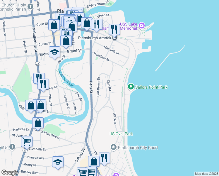 map of restaurants, bars, coffee shops, grocery stores, and more near 31 Club Road in Plattsburgh