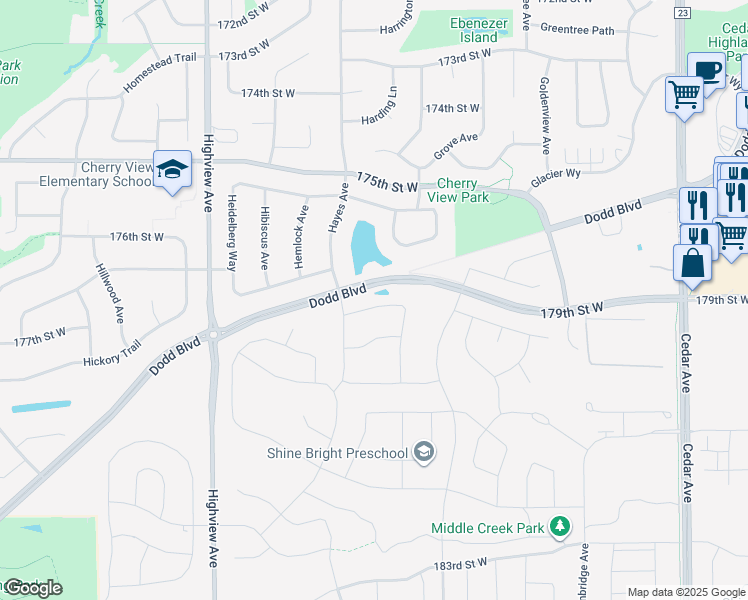 map of restaurants, bars, coffee shops, grocery stores, and more near 17918 Hawksbill Drive in Lakeville