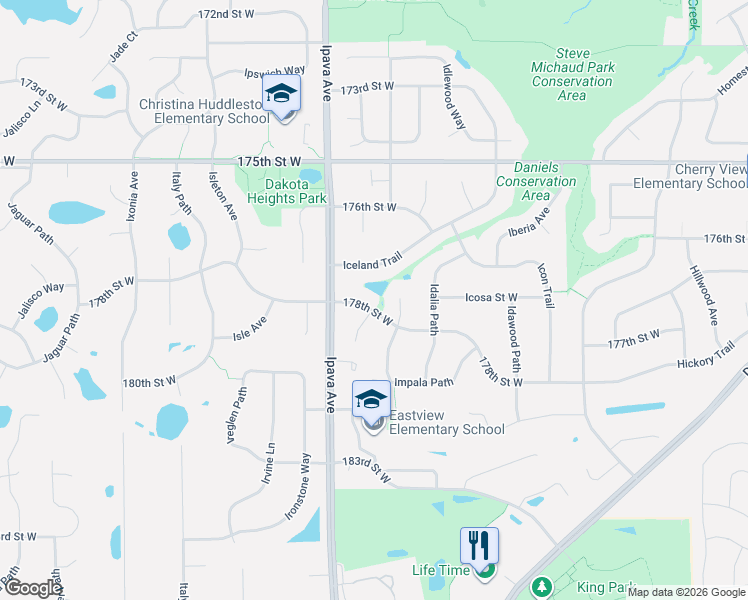 map of restaurants, bars, coffee shops, grocery stores, and more near 17808 Impala Path in Lakeville