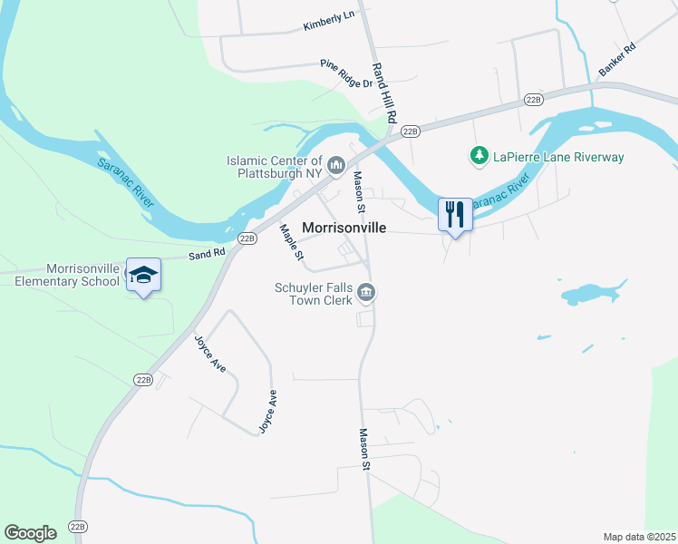 map of restaurants, bars, coffee shops, grocery stores, and more near 11 Maple Street in Morrisonville