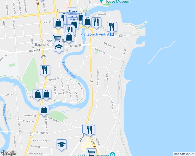 map of restaurants, bars, coffee shops, grocery stores, and more near 52 Fort Brown Drive in Plattsburgh