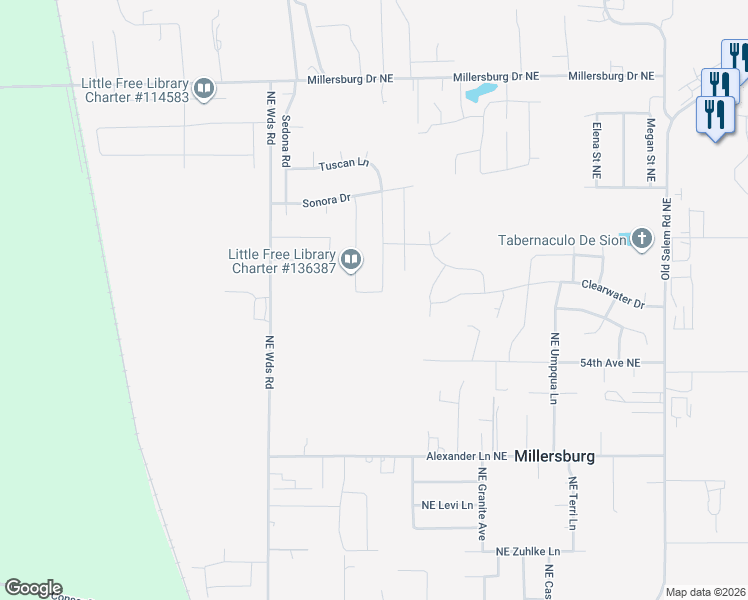 map of restaurants, bars, coffee shops, grocery stores, and more near 2636 Northeast Tuscan Loop in Albany