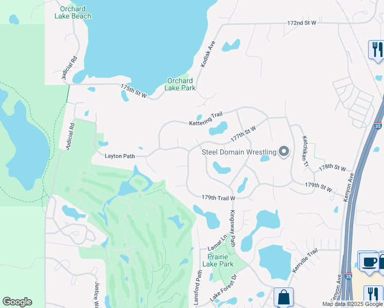 map of restaurants, bars, coffee shops, grocery stores, and more near 17770 179th Trail West in Lakeville