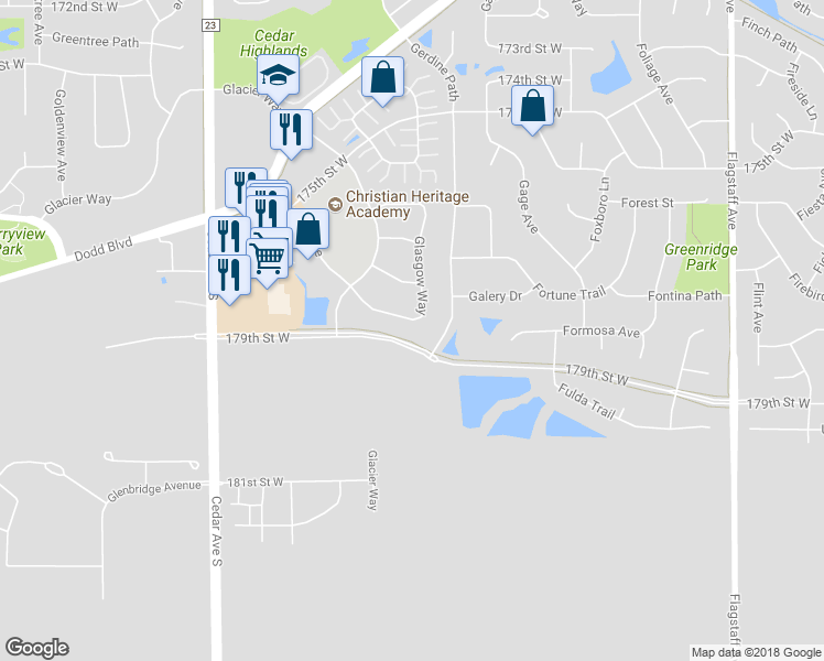 map of restaurants, bars, coffee shops, grocery stores, and more near 17854 Glasgow Way in Lakeville