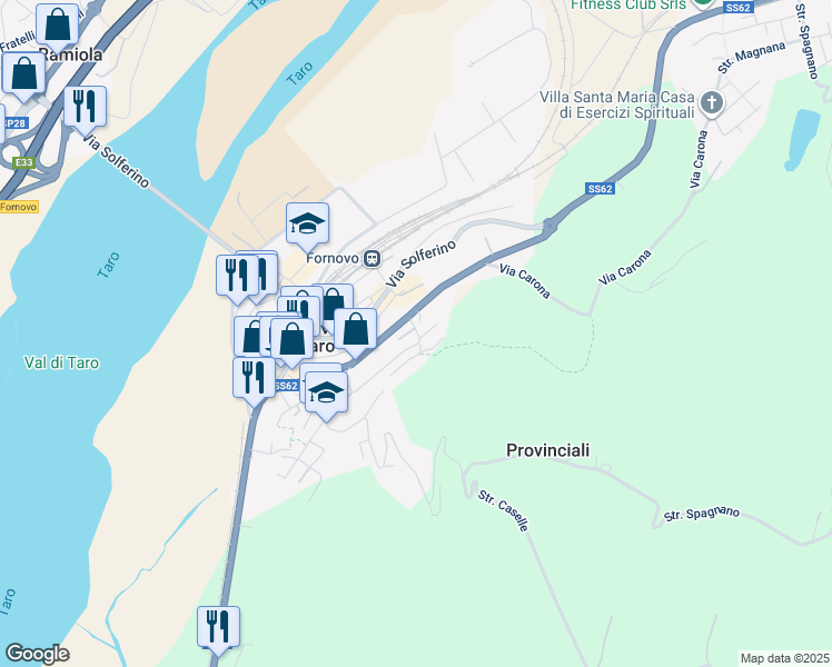 map of restaurants, bars, coffee shops, grocery stores, and more near 7 Via Partigiani D'Italia in Fornovo di Taro