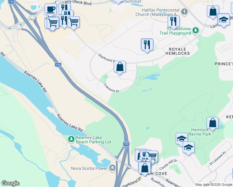 map of restaurants, bars, coffee shops, grocery stores, and more near 138 Transom Drive in Halifax