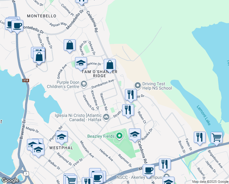 map of restaurants, bars, coffee shops, grocery stores, and more near 14 Tobermory Road in Dartmouth