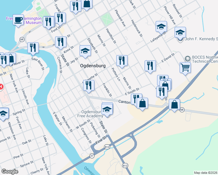 map of restaurants, bars, coffee shops, grocery stores, and more near 508 Jersey Avenue in Ogdensburg