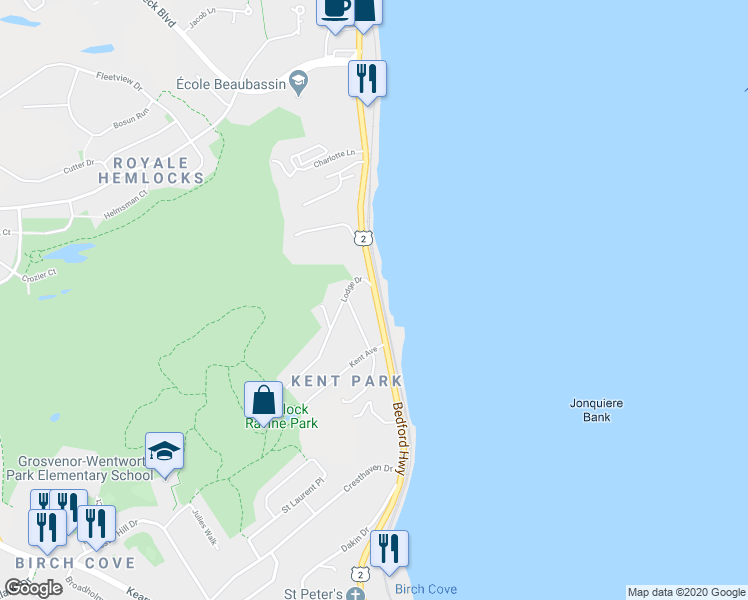 map of restaurants, bars, coffee shops, grocery stores, and more near 520 Bedford Highway in Halifax