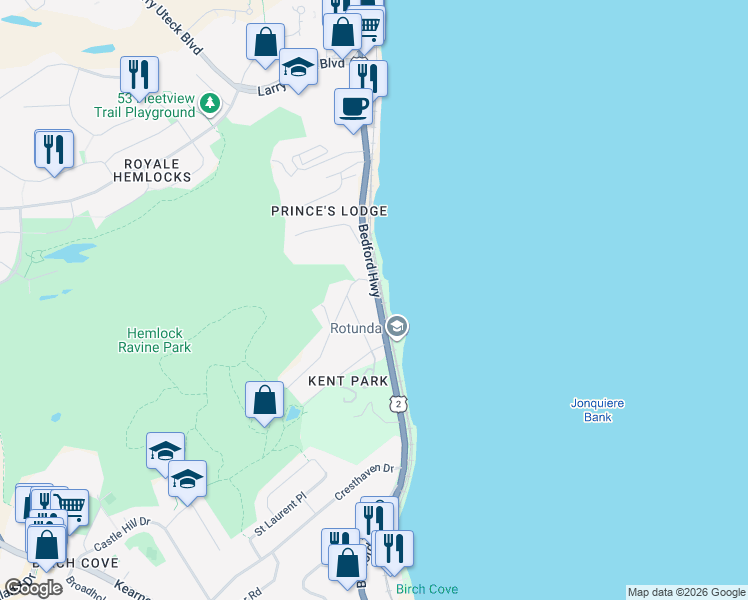 map of restaurants, bars, coffee shops, grocery stores, and more near 520 Bedford Highway in Halifax