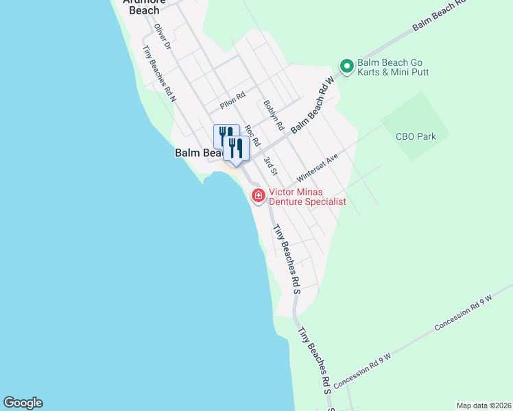 map of restaurants, bars, coffee shops, grocery stores, and more near 25 Tiny Beaches Road South in Simcoe County