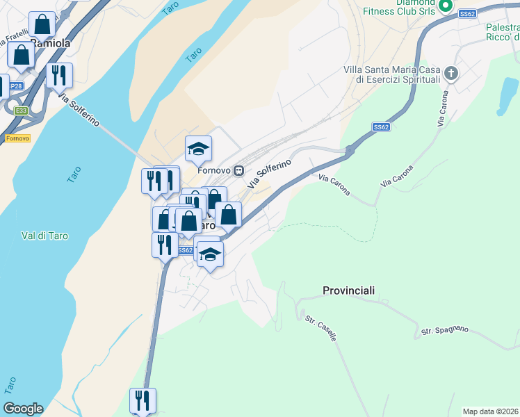 map of restaurants, bars, coffee shops, grocery stores, and more near Strada Statale 62 in Fornovo di Taro