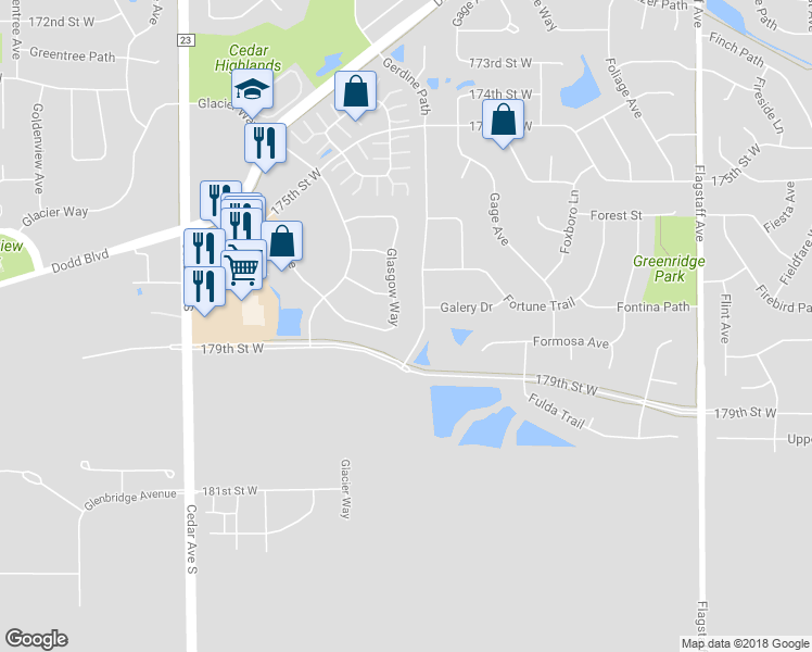 map of restaurants, bars, coffee shops, grocery stores, and more near 17836 Glasgow Way in Lakeville