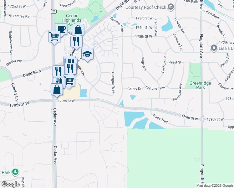 map of restaurants, bars, coffee shops, grocery stores, and more near 17836 Glasgow Way in Lakeville