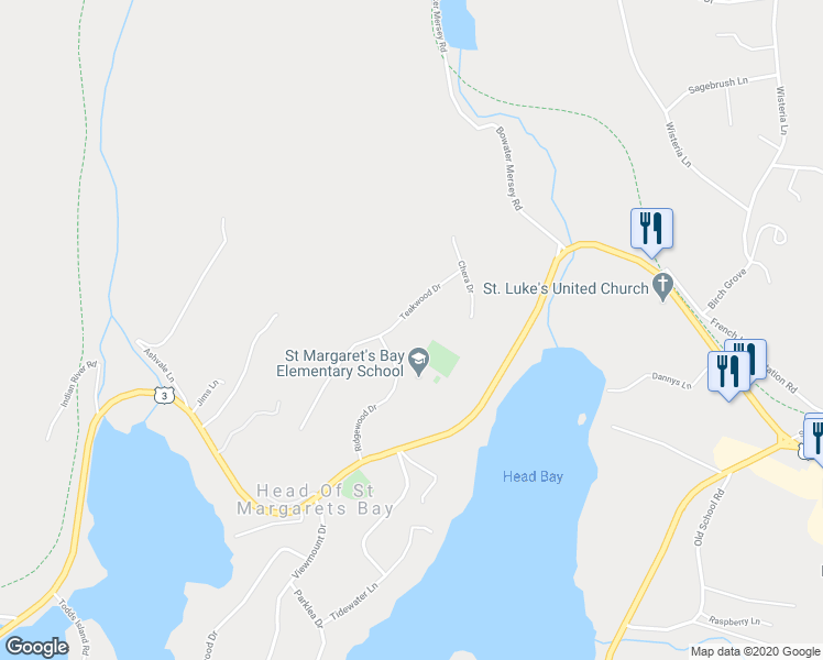 map of restaurants, bars, coffee shops, grocery stores, and more near 25 Teakwood Drive in Head of Saint Margarets Bay