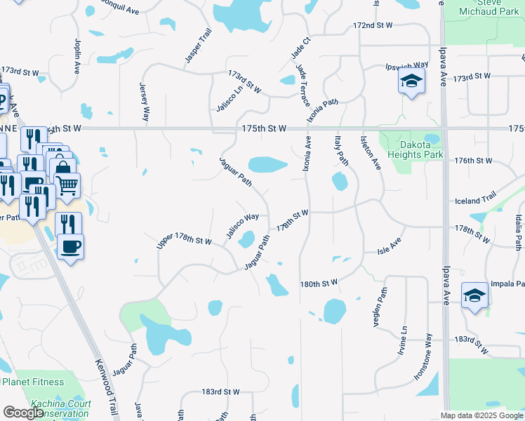 map of restaurants, bars, coffee shops, grocery stores, and more near 17730 Jalisco Court in Lakeville