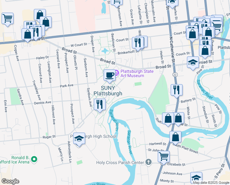 map of restaurants, bars, coffee shops, grocery stores, and more near 35 Rugar Street in Plattsburgh