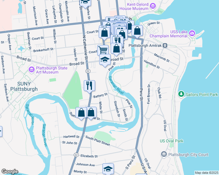map of restaurants, bars, coffee shops, grocery stores, and more near 45 Pine Street in Plattsburgh