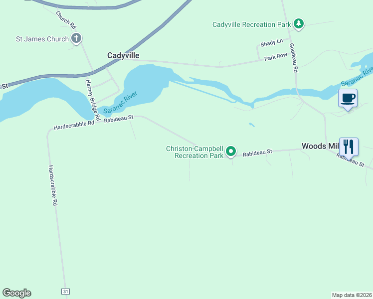 map of restaurants, bars, coffee shops, grocery stores, and more near 219 Rabideau Street in Cadyville