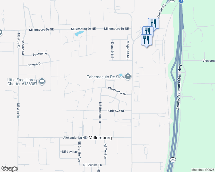 map of restaurants, bars, coffee shops, grocery stores, and more near 3271 Clearwater Drive in Albany