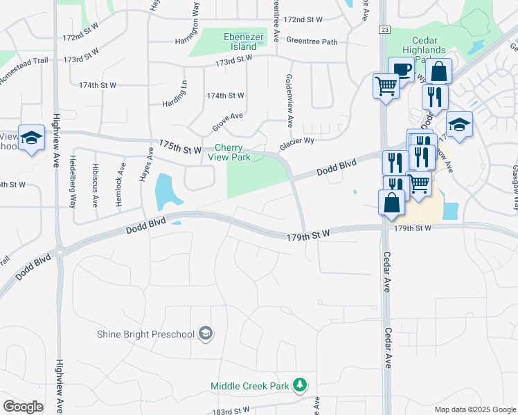 map of restaurants, bars, coffee shops, grocery stores, and more near 17859 Hamburg Avenue in Lakeville