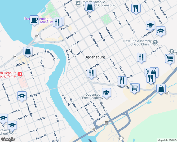 map of restaurants, bars, coffee shops, grocery stores, and more near 801 Howard Ln in Ogdensburg