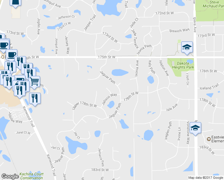 map of restaurants, bars, coffee shops, grocery stores, and more near 17730 Jalisco Court in Lakeville