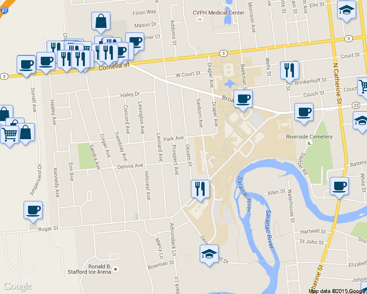 map of restaurants, bars, coffee shops, grocery stores, and more near 32 Olivetti Place in Plattsburgh