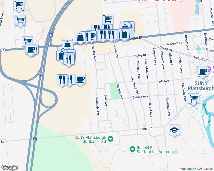 map of restaurants, bars, coffee shops, grocery stores, and more near 107 Park Avenue West in Plattsburgh