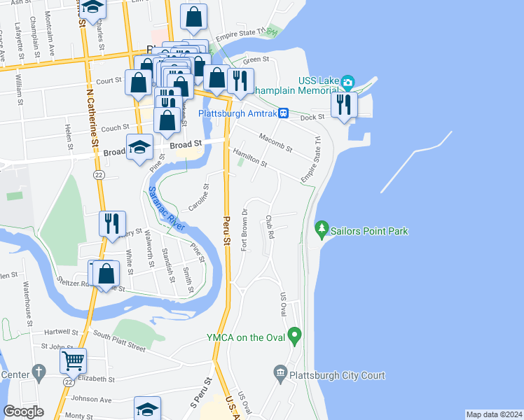 map of restaurants, bars, coffee shops, grocery stores, and more near 3 Fort Brown Drive in Plattsburgh
