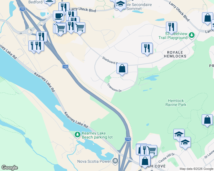 map of restaurants, bars, coffee shops, grocery stores, and more near 190 Transom Drive in Halifax