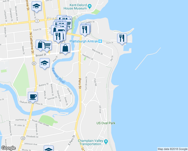 map of restaurants, bars, coffee shops, grocery stores, and more near 205 Club Road in Plattsburgh
