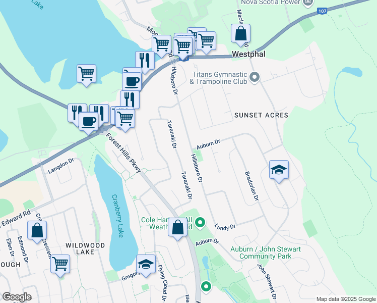 map of restaurants, bars, coffee shops, grocery stores, and more near 23 Hillsboro Drive in Dartmouth