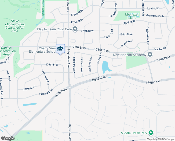 map of restaurants, bars, coffee shops, grocery stores, and more near 17617 Hemlock Avenue in Lakeville