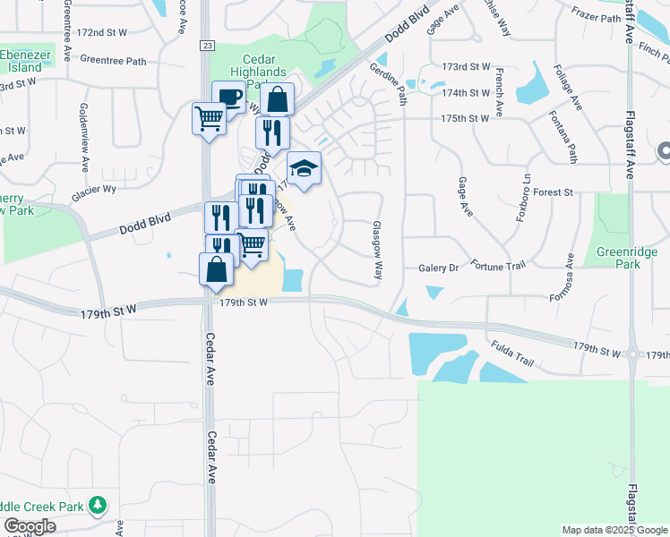 map of restaurants, bars, coffee shops, grocery stores, and more near 17883 Glasgow Way in Lakeville