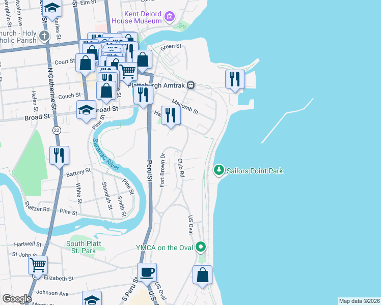 map of restaurants, bars, coffee shops, grocery stores, and more near 58 Club Road in Plattsburgh