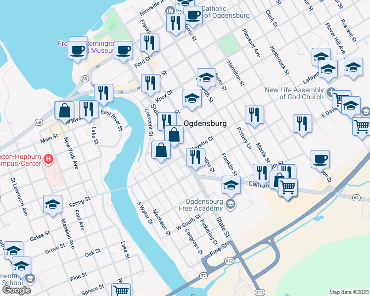 map of restaurants, bars, coffee shops, grocery stores, and more near 801 Howard Ln in Ogdensburg