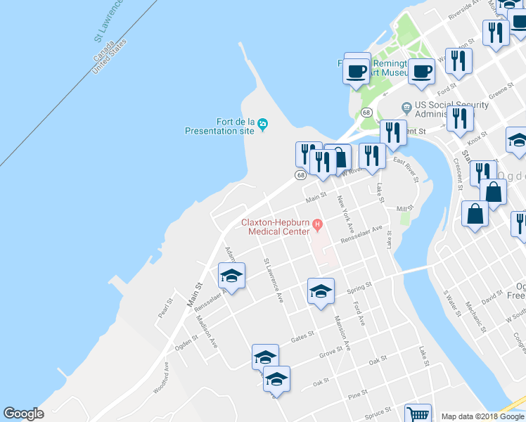 map of restaurants, bars, coffee shops, grocery stores, and more near 409 Main Street in Ogdensburg