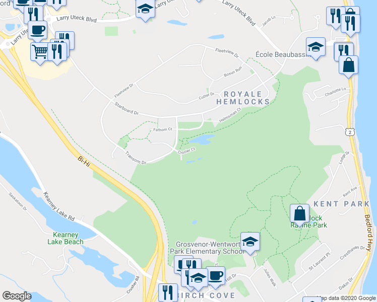 map of restaurants, bars, coffee shops, grocery stores, and more near Crozier Court in Halifax